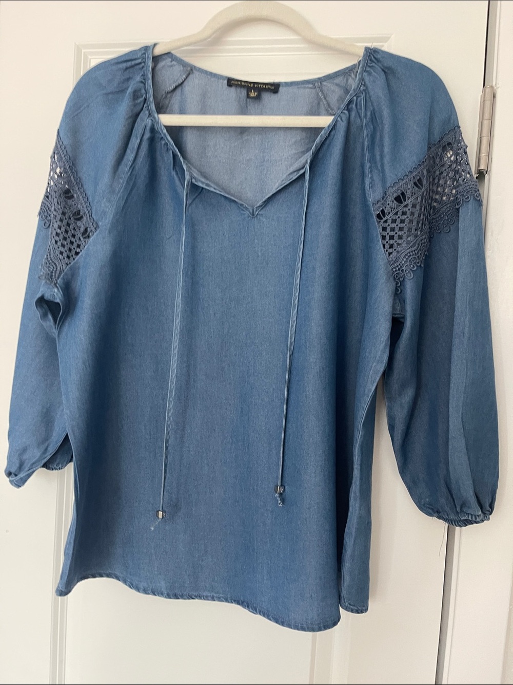 Adrienne Vittadini Denim Blue Tunic with Crochet Shoulder Insets
